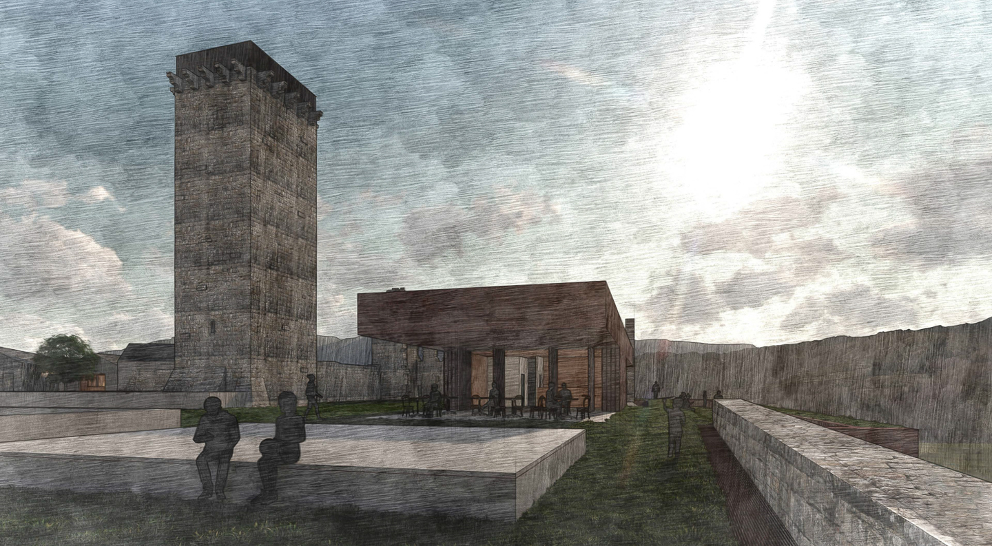 Perspective d'ensemble sur la terrasse du café et la scène en plein air